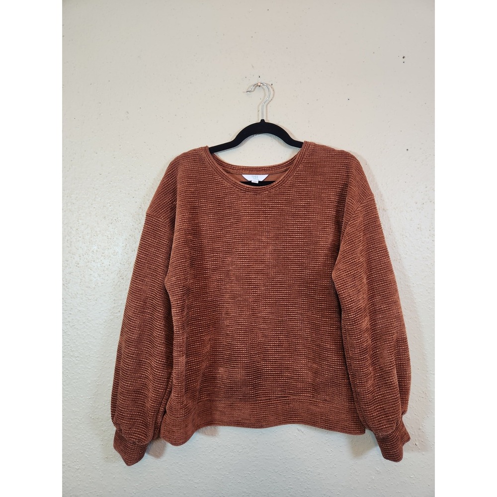 Time and Tru Womens M Brown Sweater Ribbed Chenille Balloon Sleeve Pullover